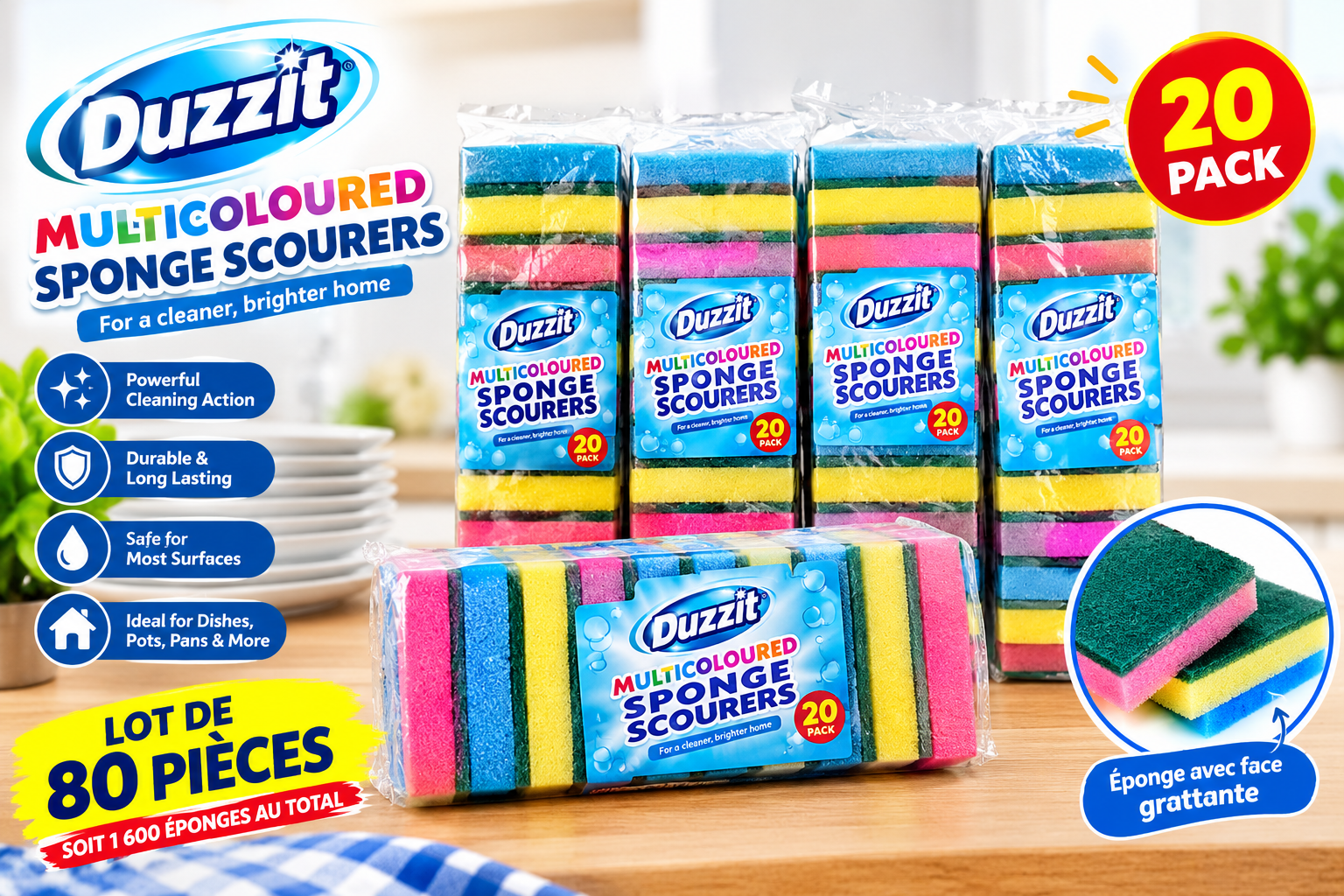 Lot de 80 pièces – Éponges à récurer Duzzit multicolores – 20 pièces par pack  Description :