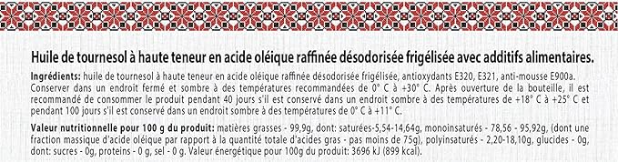 Huile de tournesol, pour la friture, riche en acide oléique avec antioxydants en bag in box 10 litres (EFFO) 