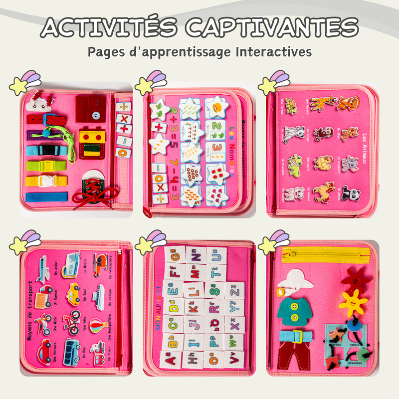 Busy Board Montessori rose 6 pages – motricité fine et apprentissage
