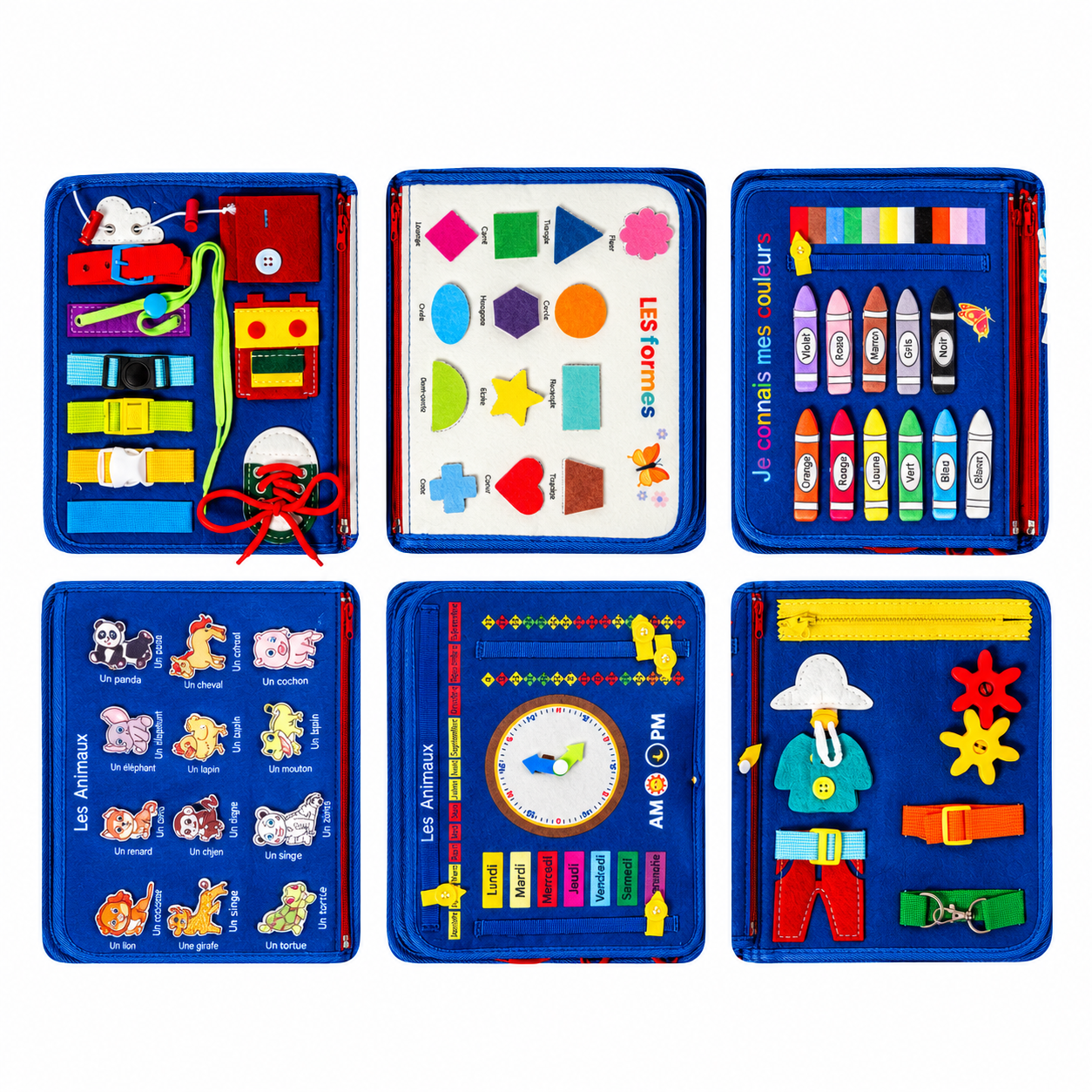Livre d'activités Montessori en tissu 8 pages – Apprentissage des couleurs & motricité